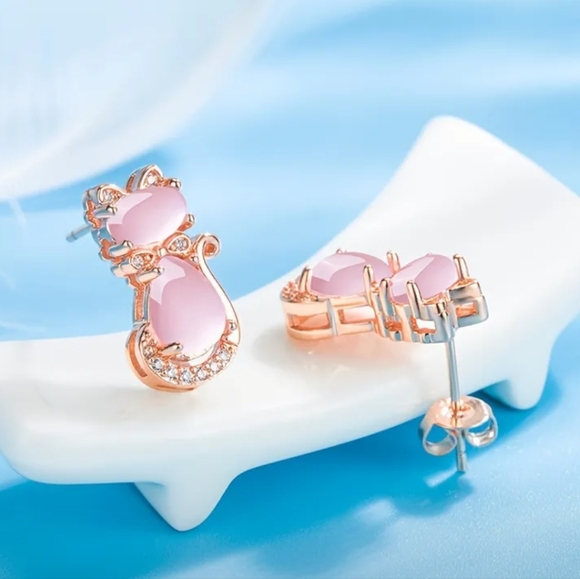 Pink Cat Stud Earrings - Picture 2 of 3